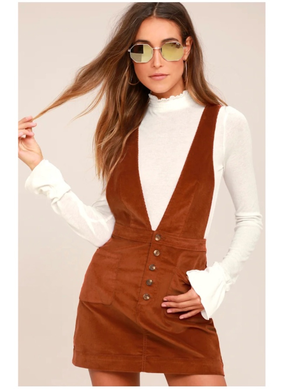 Free People Old School Corduroy Pinafore Sleeveless Plunge Mini Dress Brown 4